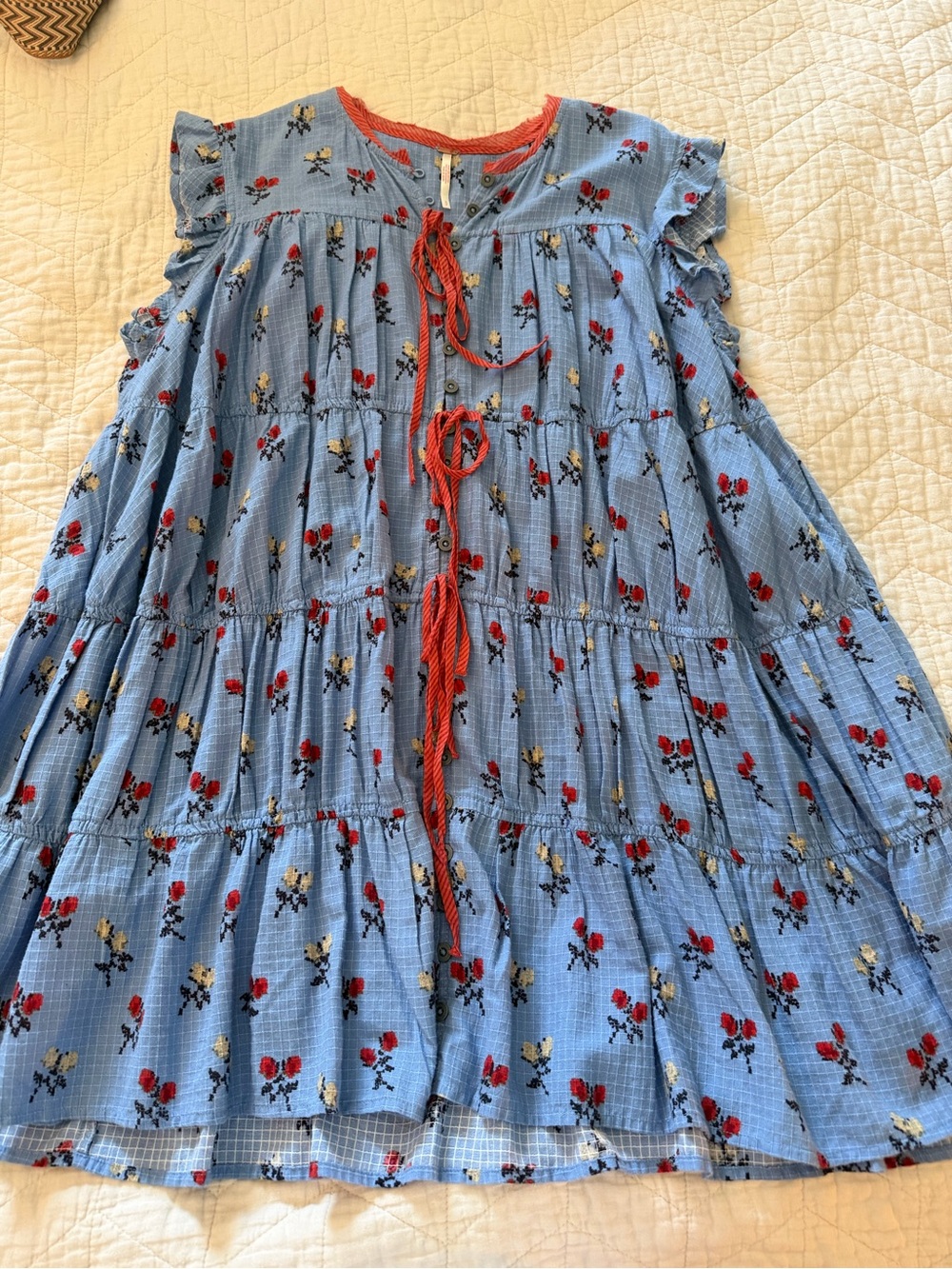Free People Blue Floral Tiered Tunic with Red Trim